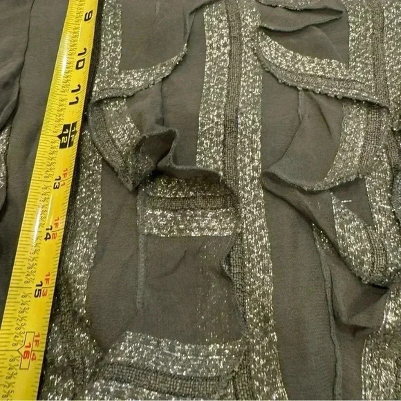 MISA Los Angeles green w metallic stripe short sleeve ruffle blouse size XS - Picture 11 of 12